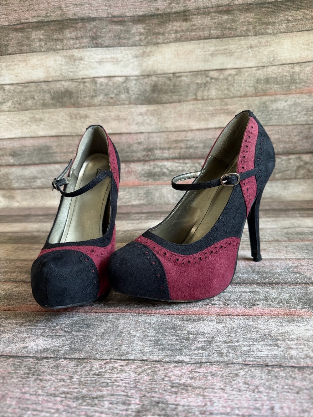 Charlotte Russe Two-Tone Mary Jane Suede Heels in Wine and Black